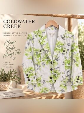 Coldwater Creek 10P Floral Snap Front Blazer Jacket Green Gray NWT